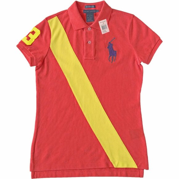 Polo Ralph Lauren Tops - NEW Polo Ralph Lauren The Skinny Polo Shirt Pinkish Red Yellow Equestrian Stripe
